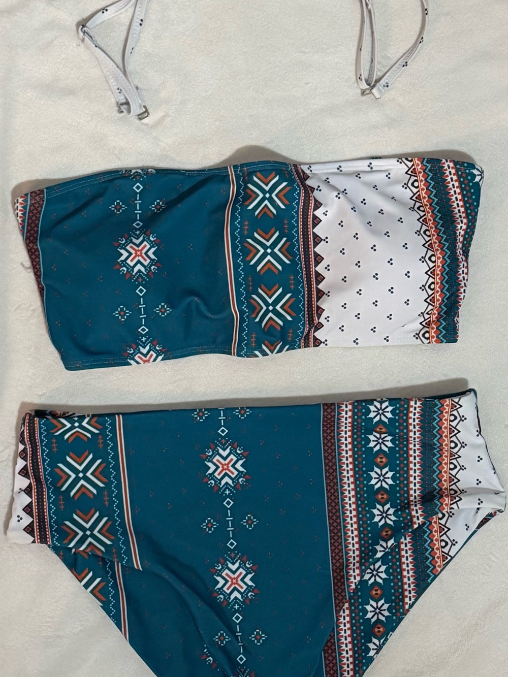 Teal & White Aztec Print Bandeau Bikini Set